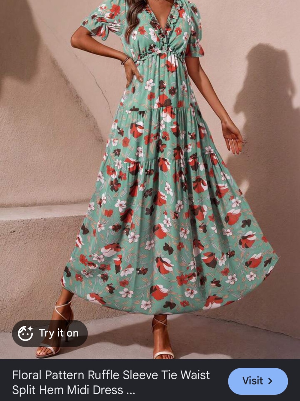 Floral Ruffle Sleeve Tie-Waist Midi Dress in Mint Green NWOT